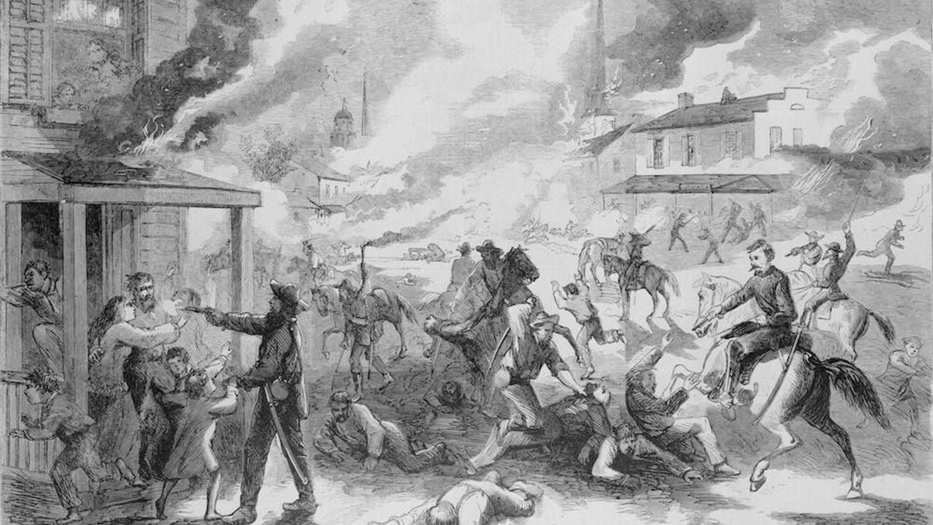 a painting of the people fighting in a western down during the civil war era